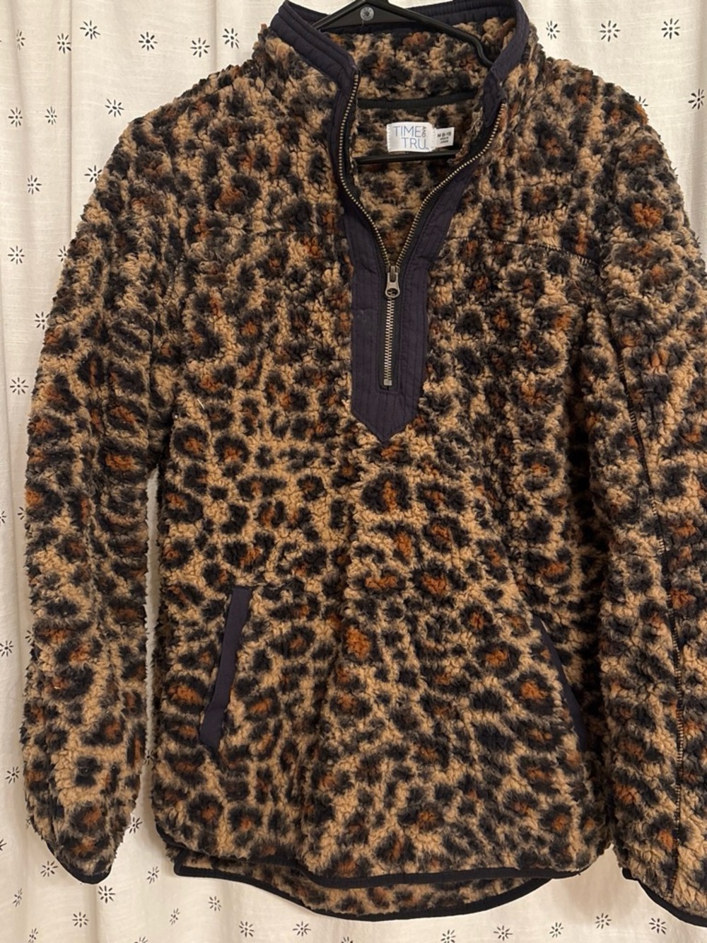 Time and Tru Women’s Leopard Print Sherpa Quarter-Zip Pullover - Brown/Black